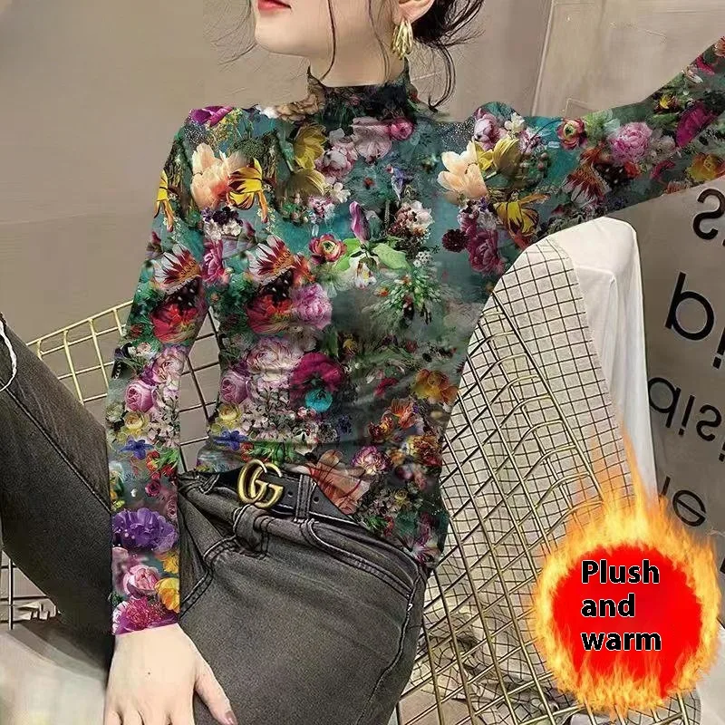 Women's FallWinter Slim Inner Wear Fleece Lined Warm Top - Floral - View 1