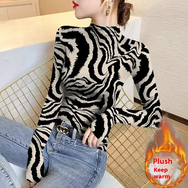 Women's FallWinter Slim Inner Wear Fleece Lined Warm Top Leopard Print Beige - Shop at LoveMi