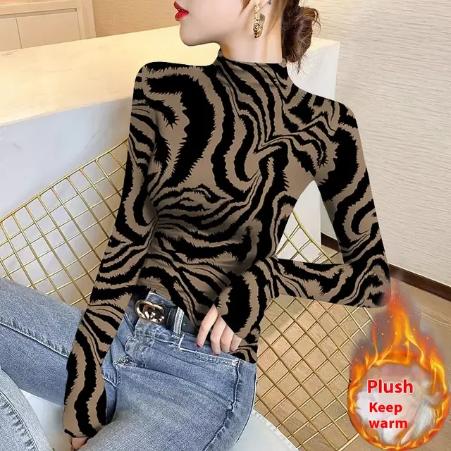 Women's FallWinter Slim Inner Wear Fleece Lined Warm Top Leopard Print Brown - Shop at LoveMi
