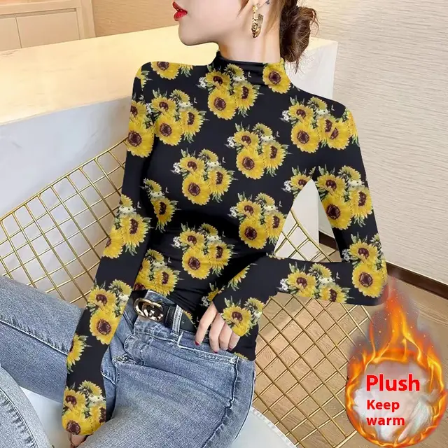 Women's FallWinter Slim Inner Wear Fleece Lined Warm Top Sunflower On Black Background - Shop at LoveMi