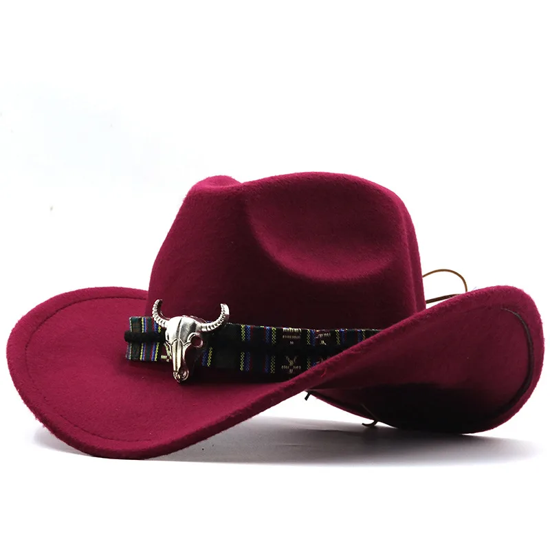 Western Denim Horn Woolen National Style Hat - 03 Wine Red
