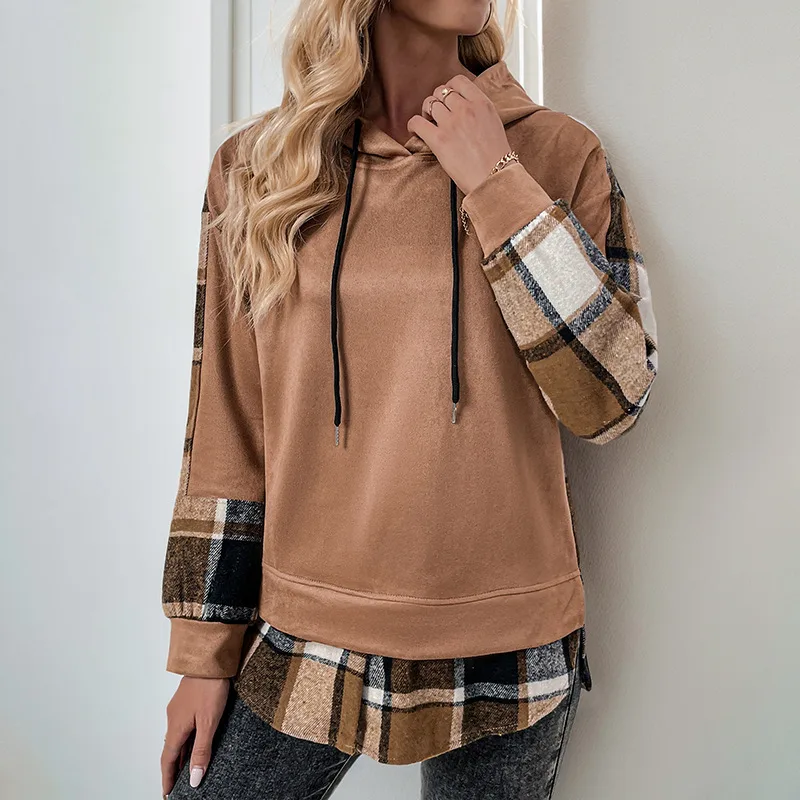 European And American Long Sleeve Plaid Colourblock Hooded Velvet Padded Sweater - Coffee Brown - View 1