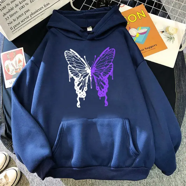 White And Purple Butterfly Pattern Hoodie Darkblue - Shop at LoveMi
