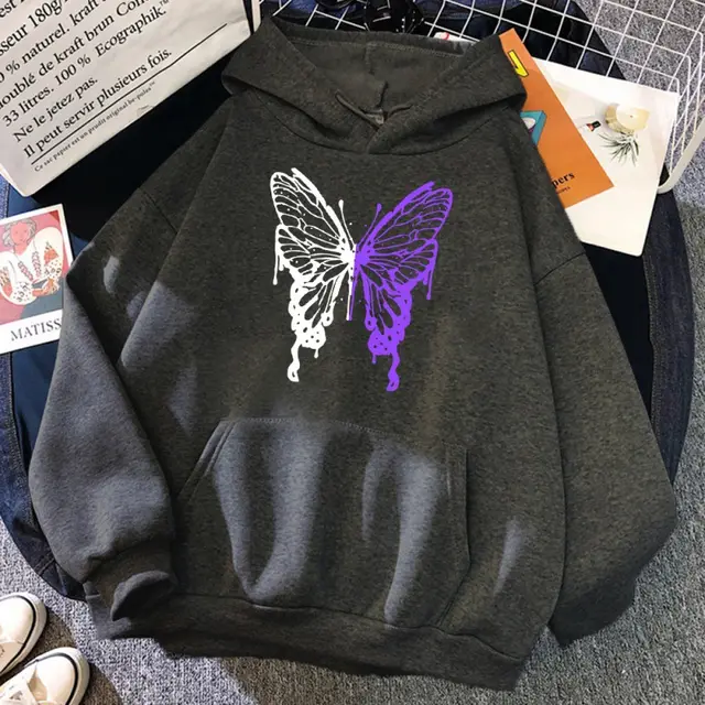 White And Purple Butterfly Pattern Hoodie Darkgray - Shop at LoveMi