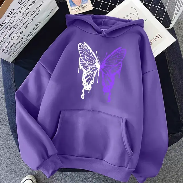 White And Purple Butterfly Pattern Hoodie Purple - Shop at LoveMi