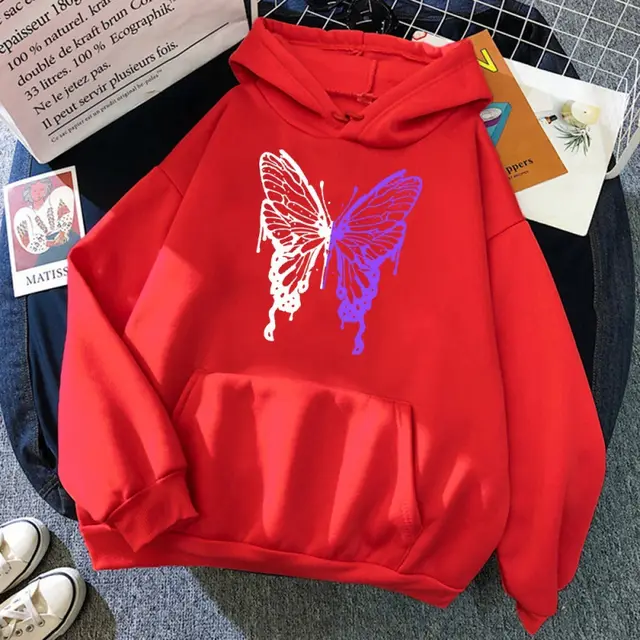 White And Purple Butterfly Pattern Hoodie Red - Shop at LoveMi