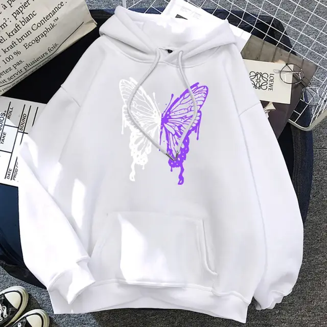 White And Purple Butterfly Pattern Hoodie White - Shop at LoveMi