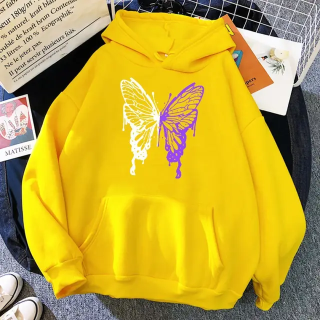 White And Purple Butterfly Pattern Hoodie Yellow - Shop at LoveMi