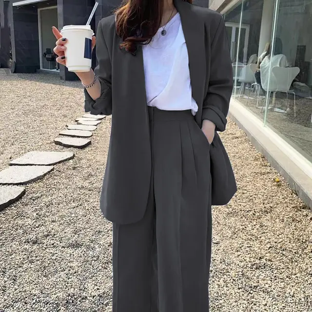 Women's Wide leg Pants Suit Dark Gray Suit - Shop at LoveMi