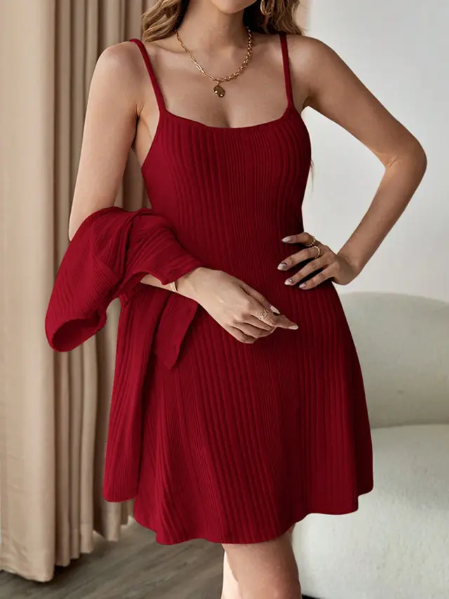 Women's Fashionable Autumn And Winter Shawl Long Sleeve Short Dress Suit Red - Shop at LoveMi