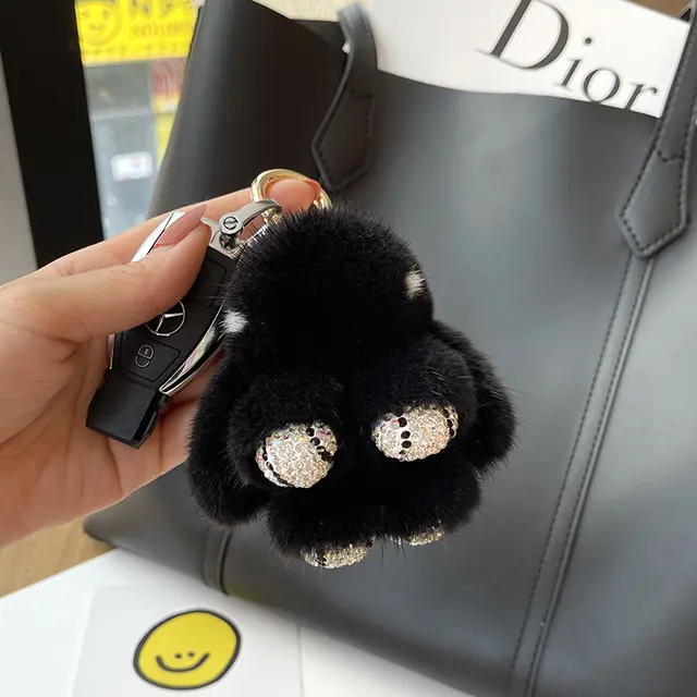 Mink Plush Cute Net Red Rabbit Pendant Keychain Black Rhimestone Claw - Shop at LoveMi