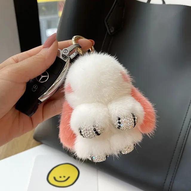 Mink Plush Cute Net Red Rabbit Pendant Keychain Nude Pink Ear Diamond Claw - Shop at LoveMi