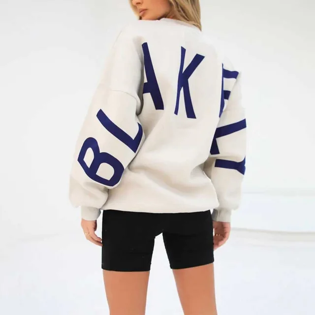 Fashion Printed Thickening Long Sleeve Loose Sweatshirt Beige With Navy Blue - Shop at LoveMi