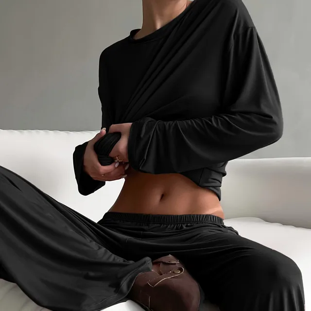 Round Neck Stretch Knitted Long sleeved Trousers Pajamas Two piece Set Black - Shop at LoveMi