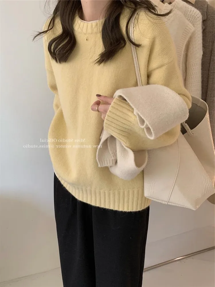 Lazy Style Solid Colour Versatile Outer Wear Wool Knit Sweater - Light Yellow