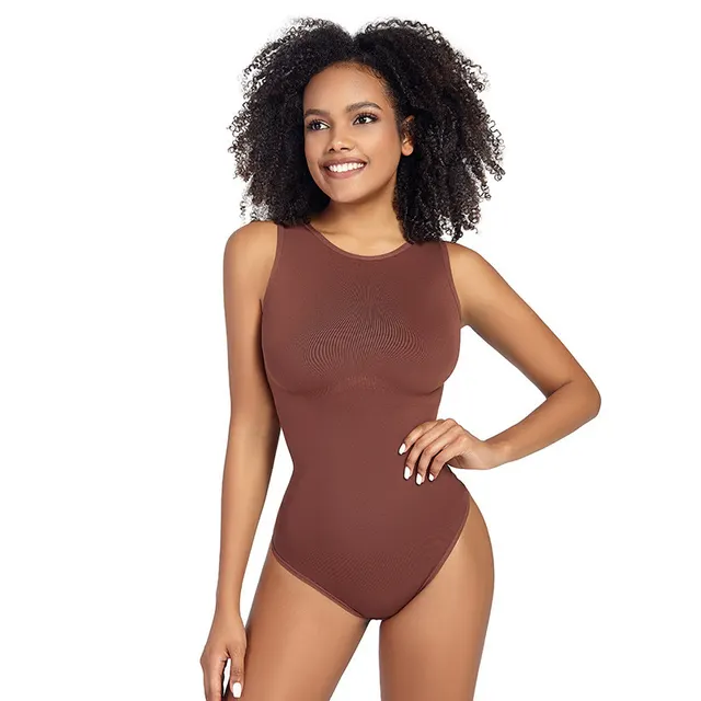 Shaping Tight Belly Trimming Vest Solid Color Round Neck Jumpsuit Brown - Shop at LoveMi