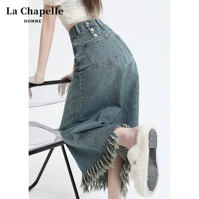 Retro Slit Denim Skirt Women's Tassel Mid length Hip Skirt Retro Blue - Shop at LoveMi