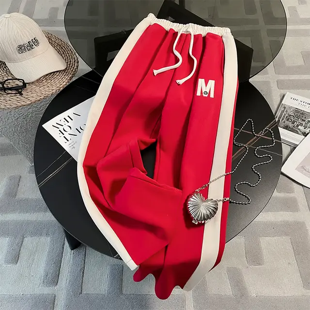 European Goods Casual Sports Women's Top Wide Leg Pants Two piece Set Red Trousers - Shop at LoveMi