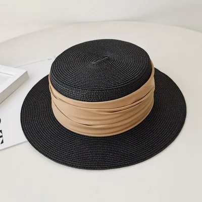 Flat Straw Hat French Woven Top Hat Seaside Beach Vacation Sun Shade Black - Shop at LoveMi