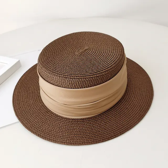 Flat Straw Hat French Woven Top Hat Seaside Beach Vacation Sun Shade Brown - Shop at LoveMi