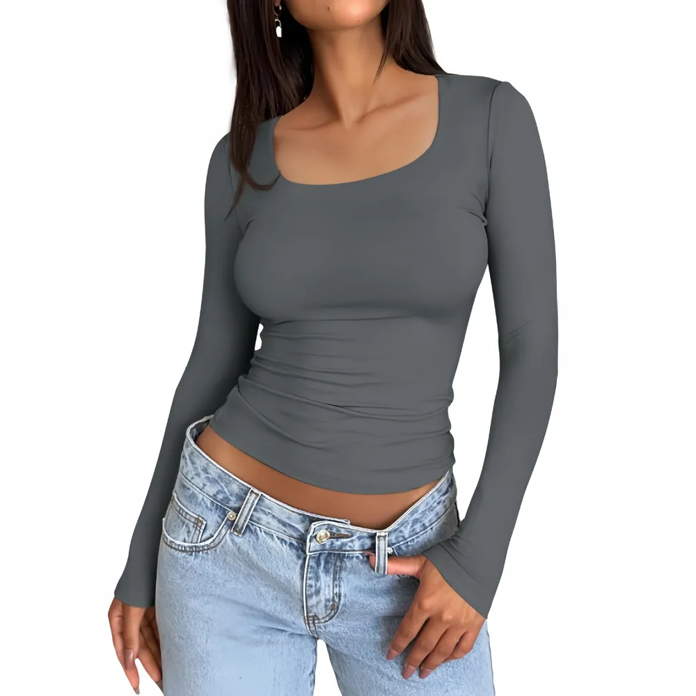 Solid Color Double Layer Square Collar Slimming Sexy Long Sleeve Women's T shirt Slabstone Gray - Shop at LoveMi