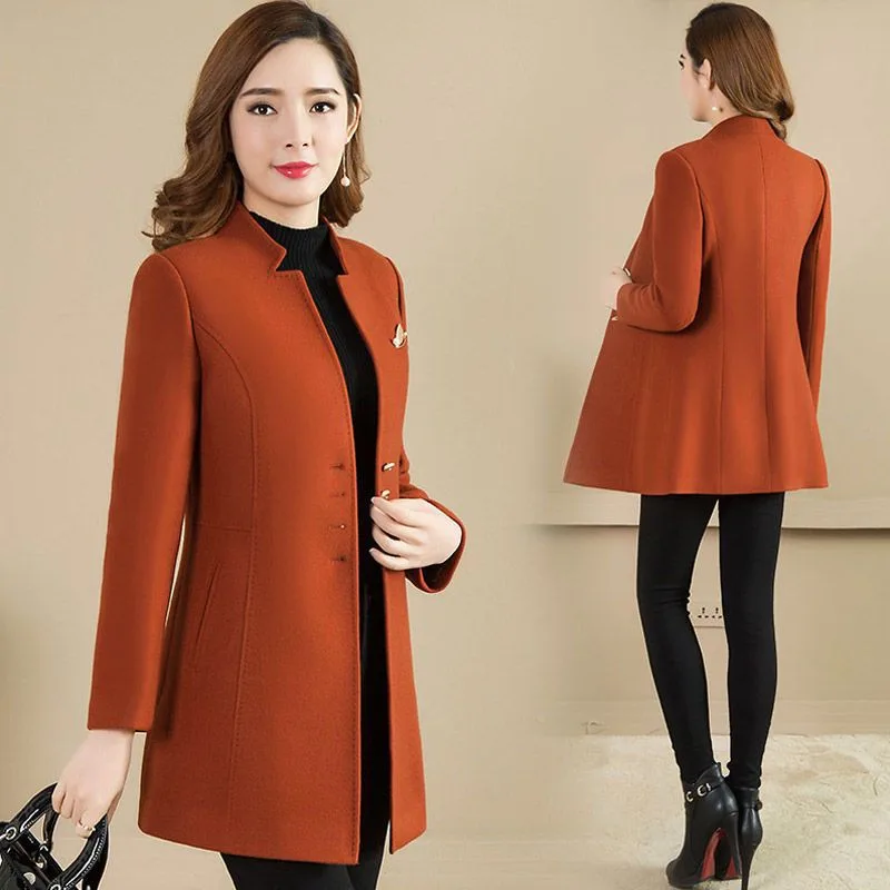 Woolen Coat Mid-length Stand Collar Coat - Orange Red