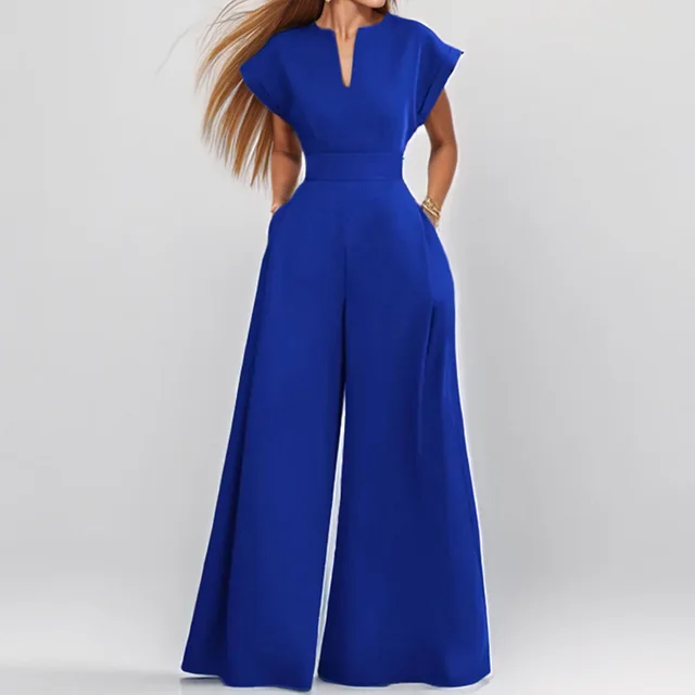 Women's Elegant Solid Color And V neck Sleeveless Waist Wide leg Jumpsuit Blue - Shop at LoveMi