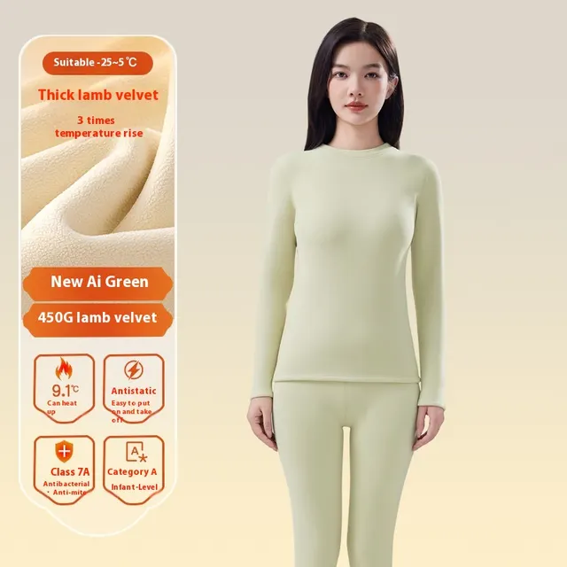 Women's Autumn Winter Berber Fleece Thermal Underwear New Grass Green Middle Collar - Shop at LoveMi