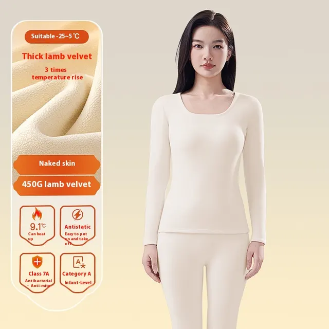 Women's Autumn Winter Berber Fleece Thermal Underwear Nude Skin U Collar - Shop at LoveMi