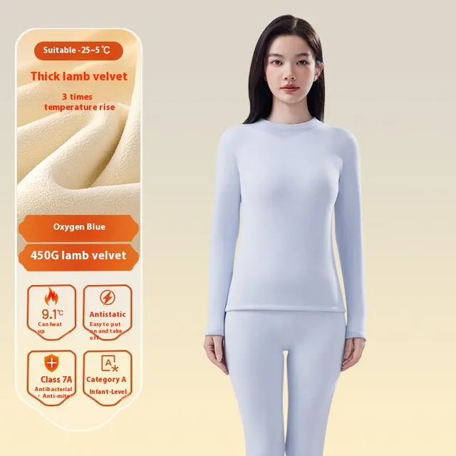 Women's Autumn Winter Berber Fleece Thermal Underwear Oxygen Blue Middle Collar - Shop at LoveMi
