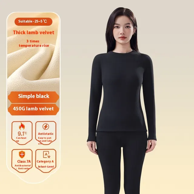 Women's Autumn Winter Berber Fleece Thermal Underwear Simple Black Middle Collar - Shop at LoveMi