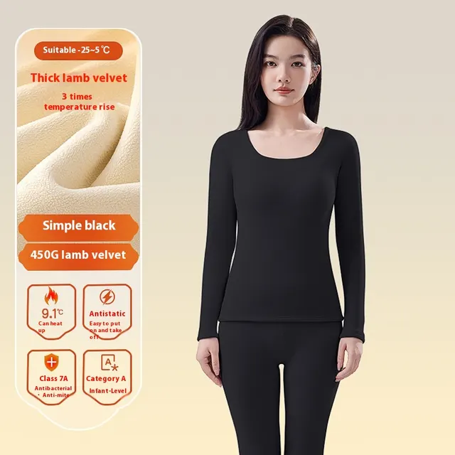 Women's Autumn Winter Berber Fleece Thermal Underwear Simple Black U Collar - Shop at LoveMi