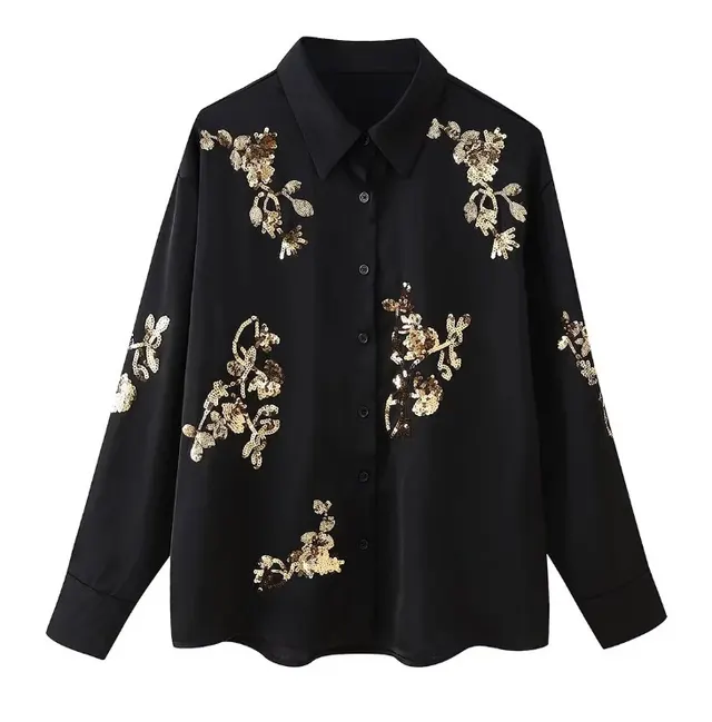 Women's Embroidered Beads Long Sleeve Trousers Suit Black Top - Shop at LoveMi