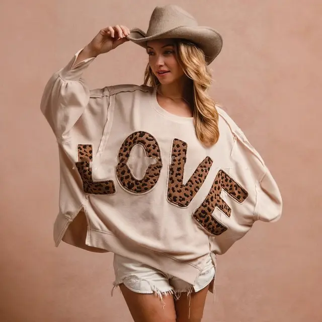 Women's Letter Embroidery Stitching Sweater Loose Casual Top Beige - Shop at LoveMi