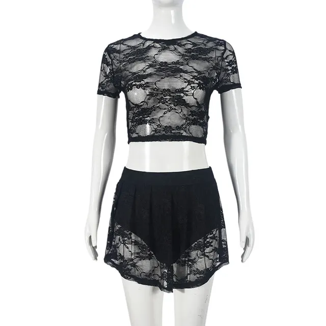 Lace High Elastic Hollow Midriff baring Short Sleeve Short Pantskirt Suit Black - Shop at LoveMi