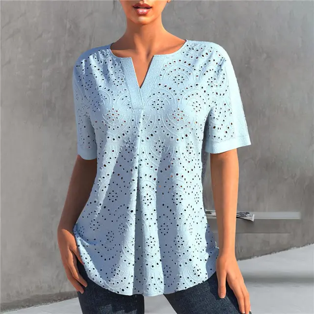 Women's Embroidered Hollow Out V neck Short sleeved T shirt Top Light Blue - Shop at LoveMi
