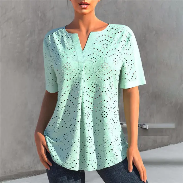 Women's Embroidered Hollow Out V neck Short sleeved T shirt Top Light Green - Shop at LoveMi
