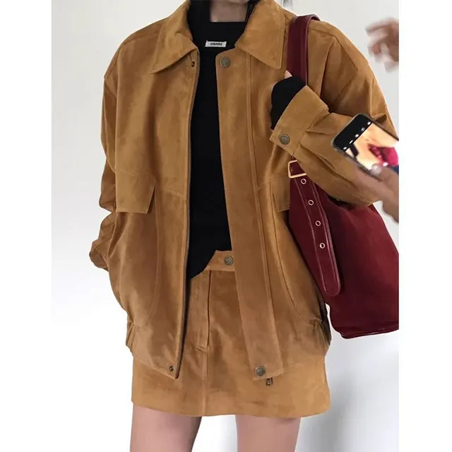 Coat A Line Skirt Corduroy Two piece Set Khaki Coat Khaki Skirt - Shop at LoveMi
