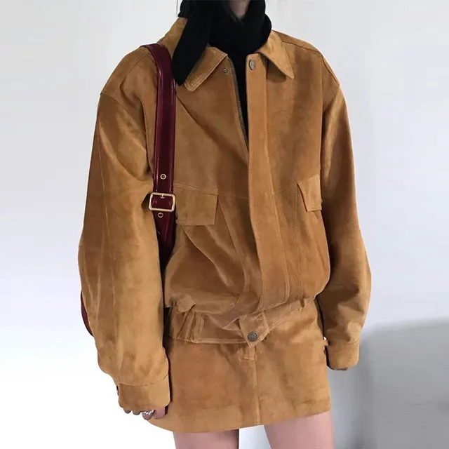 Coat A Line Skirt Corduroy Two piece Set Khaki Skirt - Shop at LoveMi