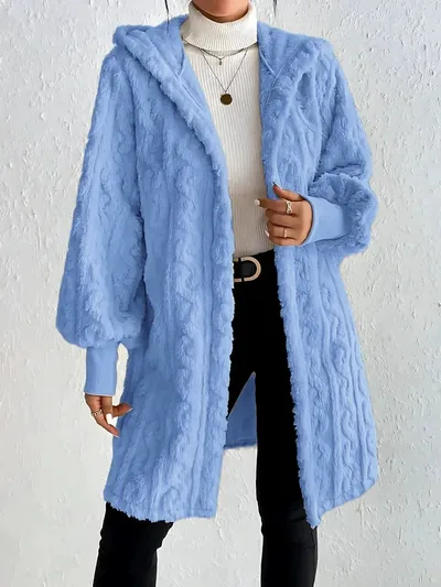 Hooded Double sided Plush Cuff Thread Long Coat Light Blue - Shop at LoveMi