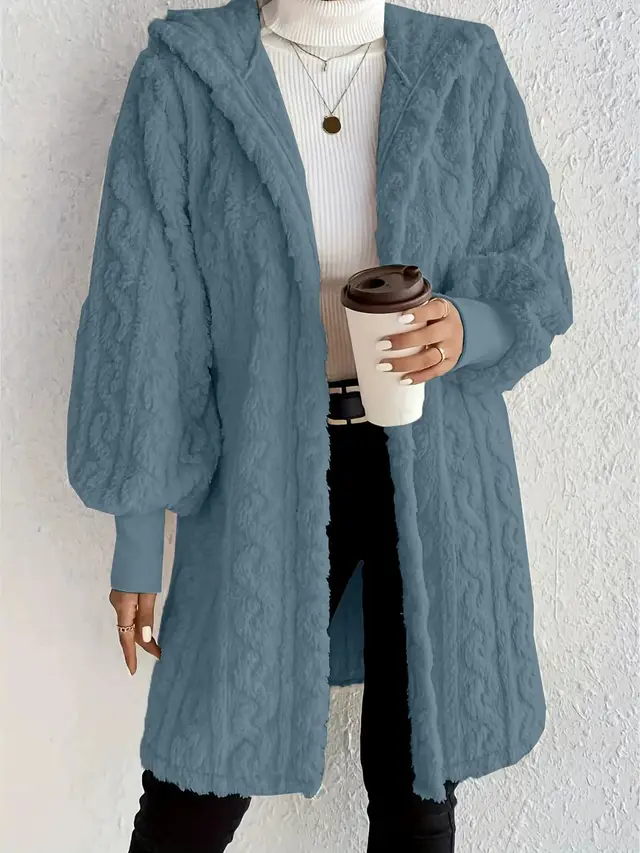 Hooded Double sided Plush Cuff Thread Long Coat Ocean Blue - Shop at LoveMi