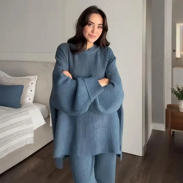 Women's Knitwear Casual Fashionable Trousers Suit Sapphire Blue - Shop at LoveMi