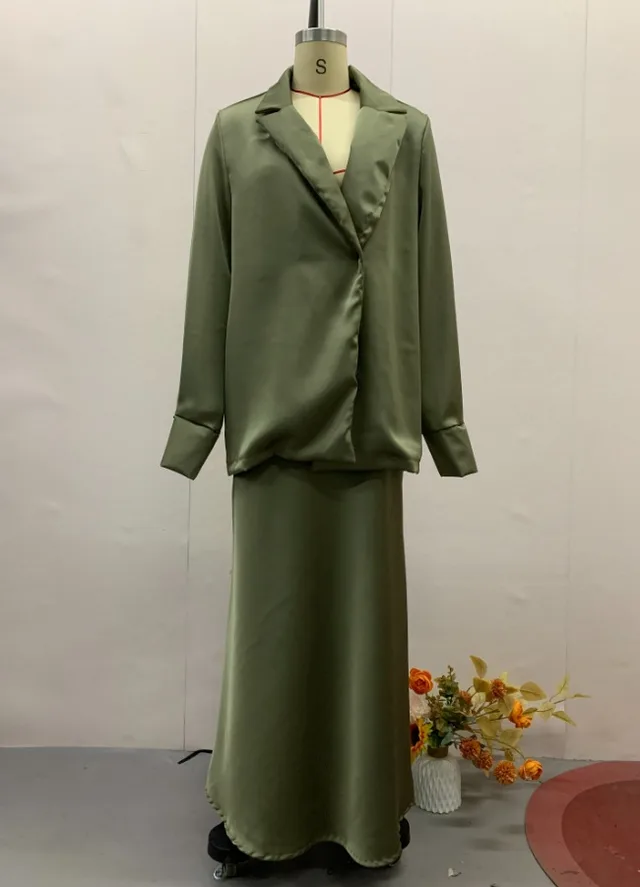 Solid Color Middle East Alala Satin Suit Dress Two piece Set Green - Shop at LoveMi
