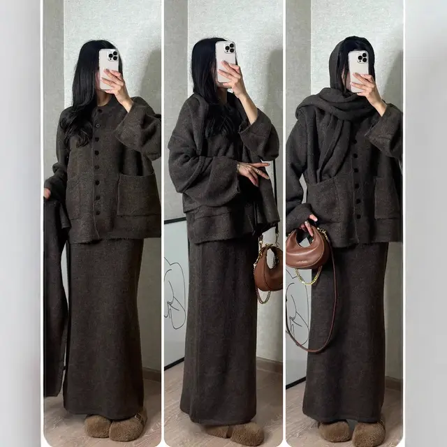 Solid Color Idle Style Knitted Cardigan Skirt Two piece Set Black Coffee Color - Shop at LoveMi