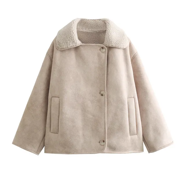Polo Collar Fur Suede Fleece lined Warm Coat For Women Milky White - Shop at LoveMi