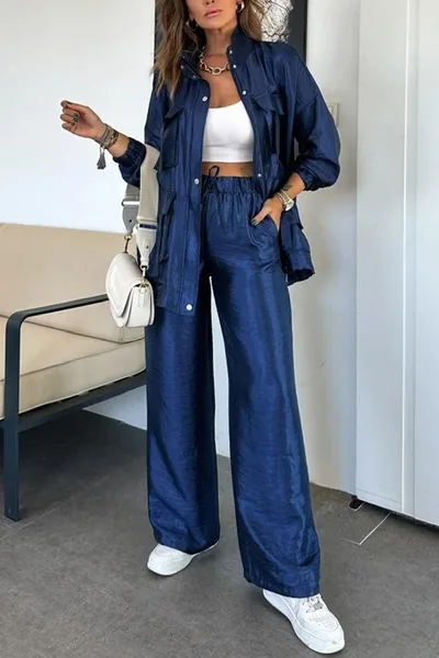 Women's Clothing Straight leg Trousers Two piece Set Solid Color Fashion Sapphire Blue - Shop at LoveMi