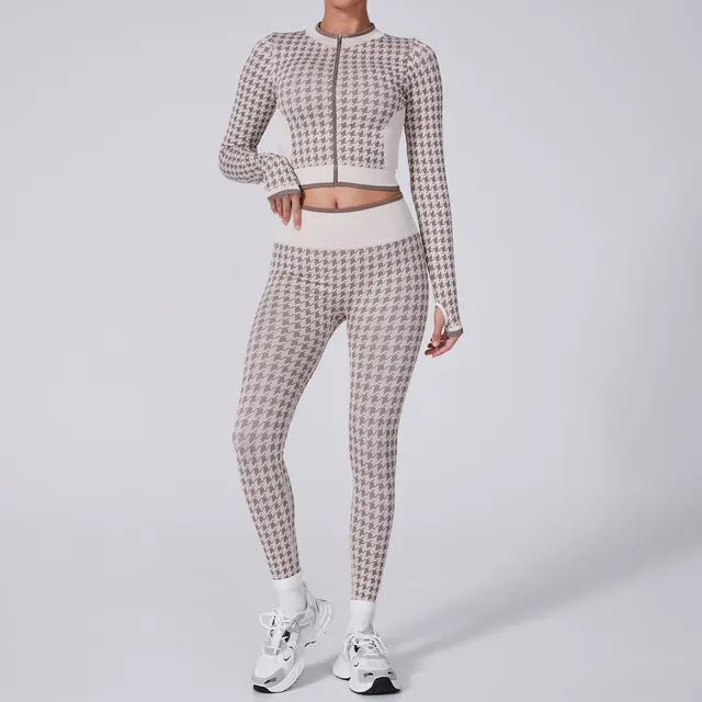 High Waist Houndstooth Yoga Suit Sports Fashion Khaki Suit - Shop at LoveMi