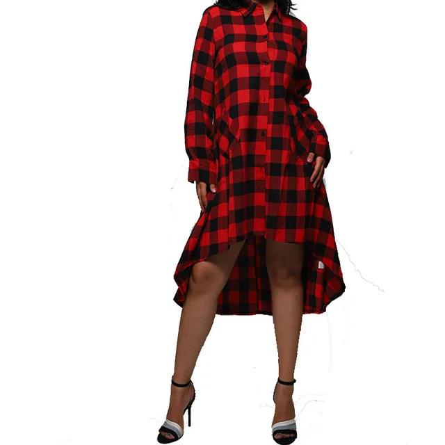 Boyfriend Style Casual Pocket Long Sleeve Plaid Polo Shirt Irregular Coat Red - Shop at LoveMi