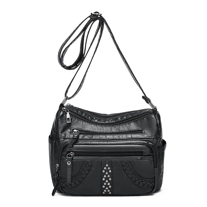 Leather Texture Multi layer Solid Color Crossbody Bag Black - Shop at LoveMi