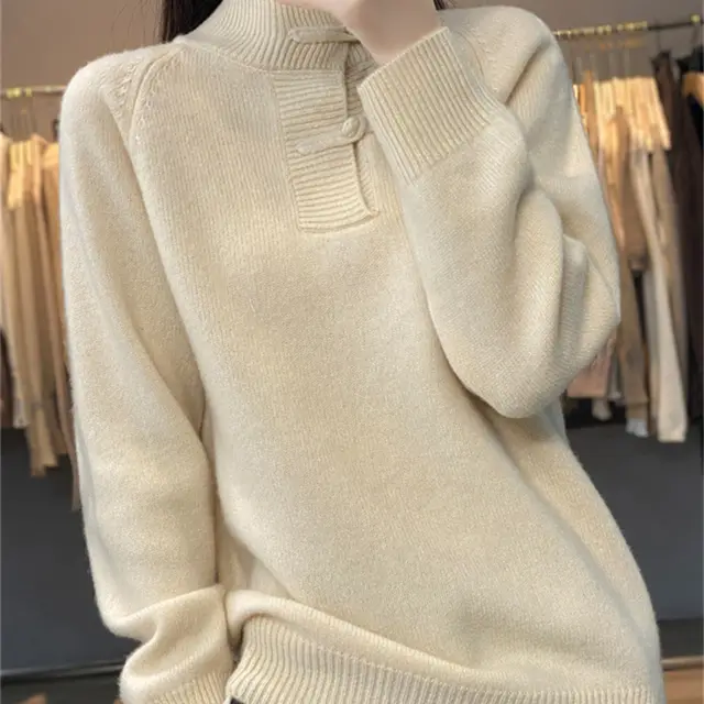 Women's Retro Turtleneck Sweater With Buckle Beige - Shop at LoveMi